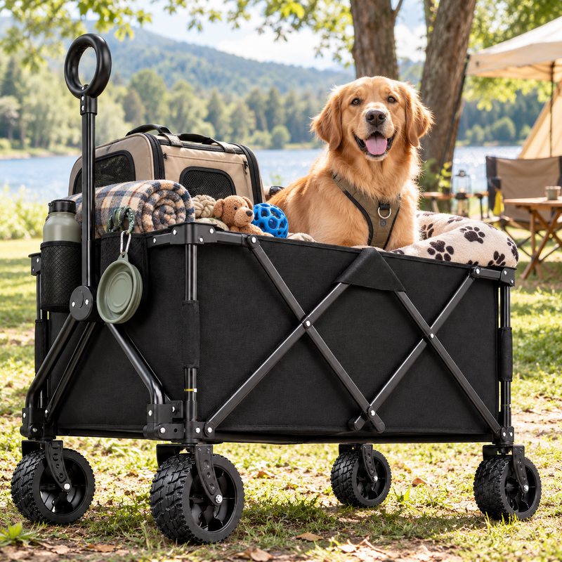 Heavy Duty Wagons Carts Foldable, Collapsible Wagon with Big Wheels for Sand & Cup Holders for Camping Garden Sports Grocery
