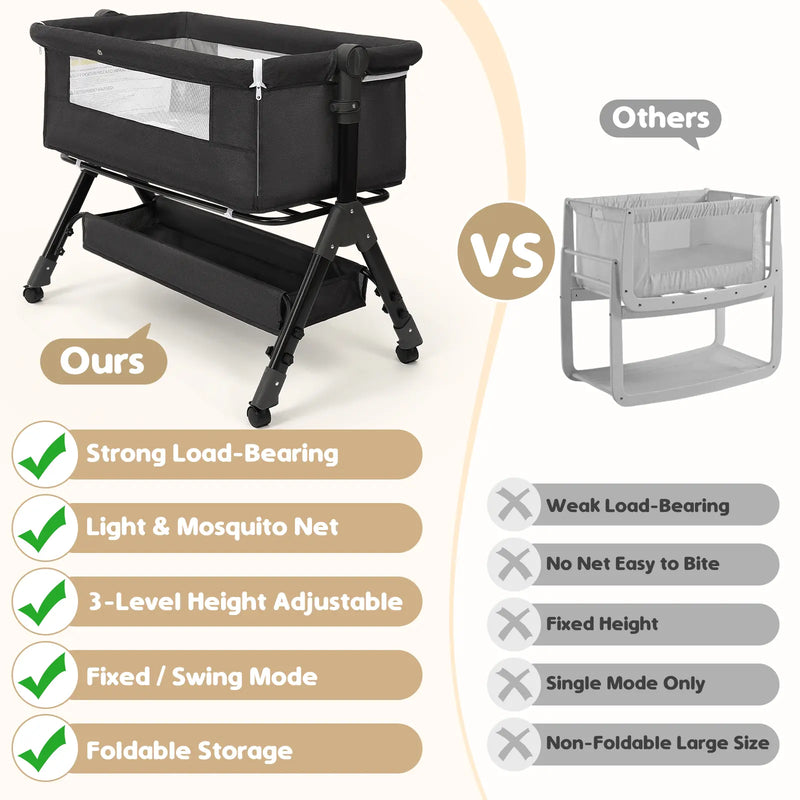 3 in 1 Baby Bassinet Bedside Sleeper with Wheels, Mosquito Net, Foldable Crib, Dark Grey