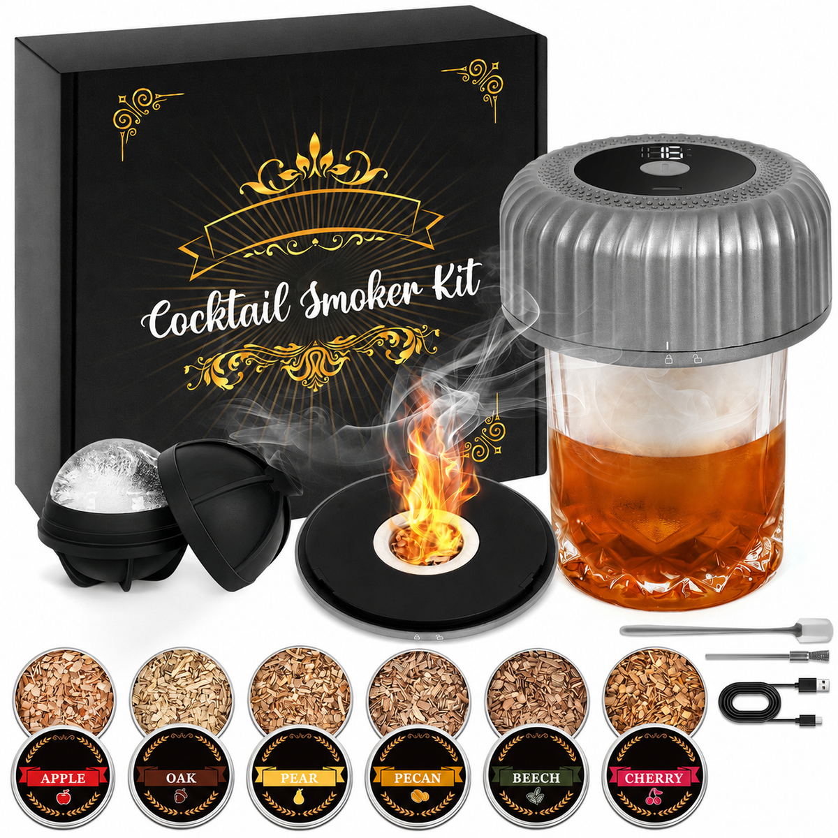 Cocktail Smoker Kit w/ Torch & 6 Wood Chip Flavors for Whiskey & Bourbon