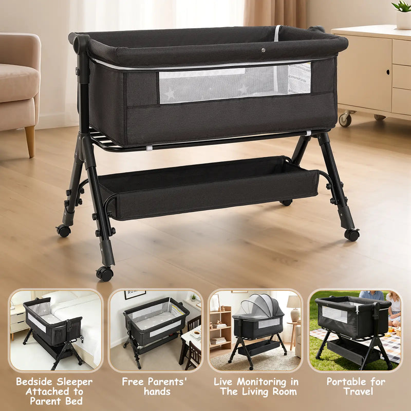 3 in 1 Baby Bassinet Bedside Sleeper with Wheels, Mosquito Net, Foldable Crib, Dark Grey