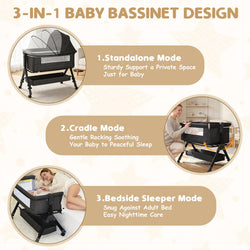 3 in 1 Baby Bassinet Bedside Sleeper with Wheels, Mosquito Net, Foldable Crib, Dark Grey