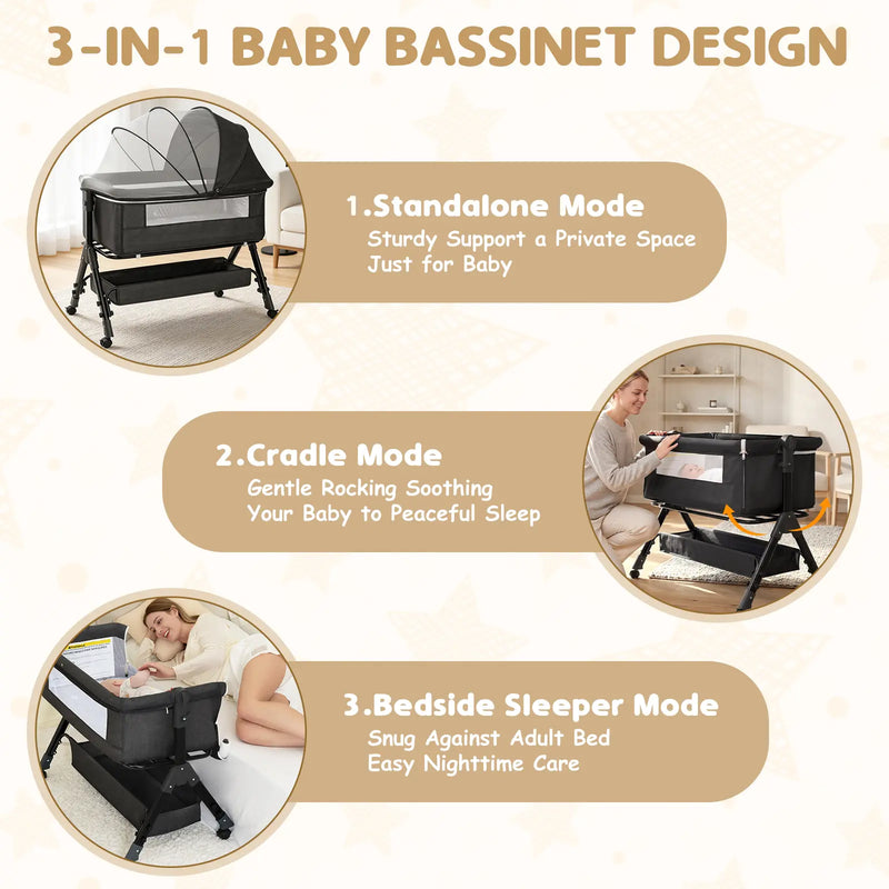 3 in 1 Baby Bassinet Bedside Sleeper with Wheels, Mosquito Net, Foldable Crib, Dark Grey