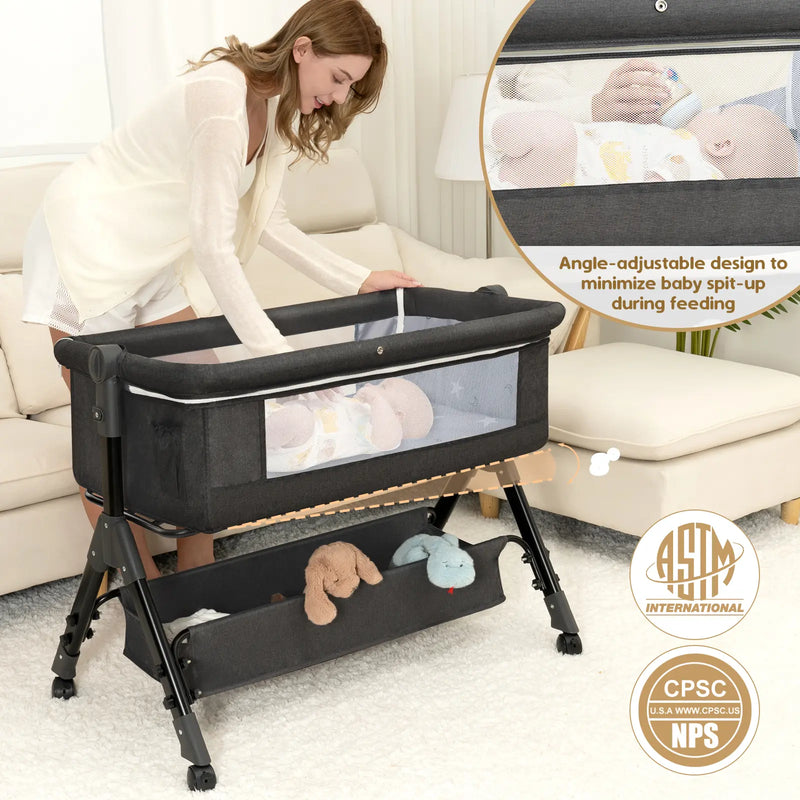 3 in 1 Baby Bassinet Bedside Sleeper with Wheels, Mosquito Net, Foldable Crib, Dark Grey