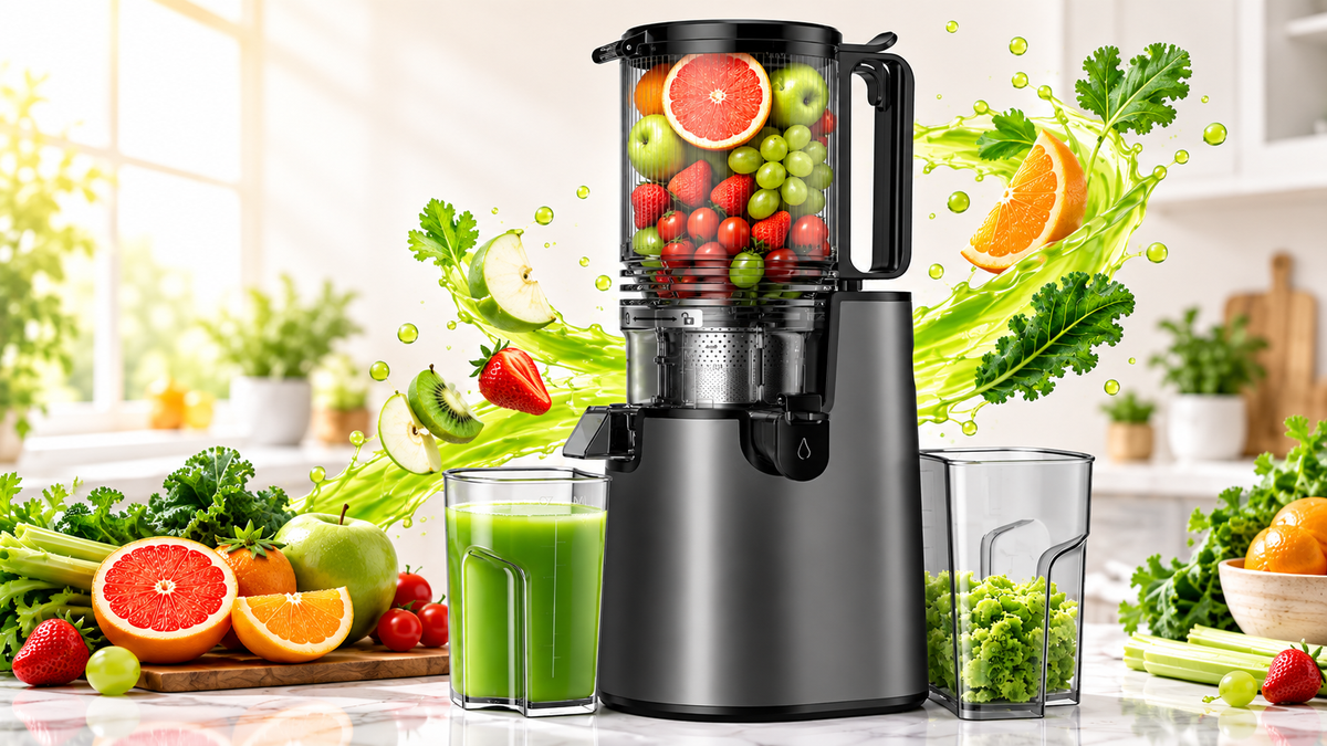 Black juicer with fresh fruit, green juice and vegetables in a bright kitchen